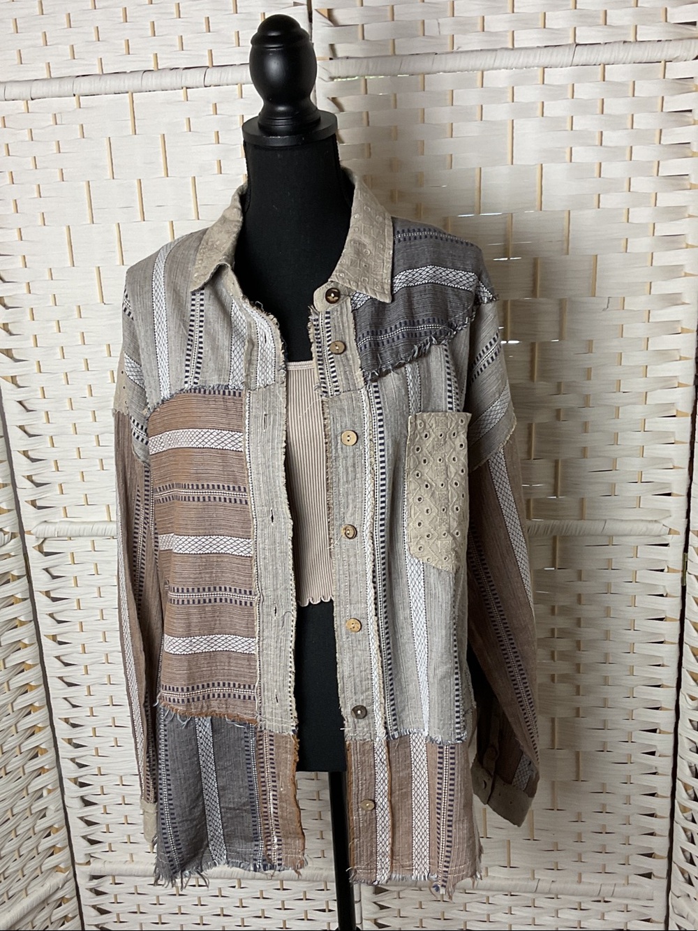 BKE Neutral Striped Patchwork Jean Shacket in Beige, Taupe, Gray